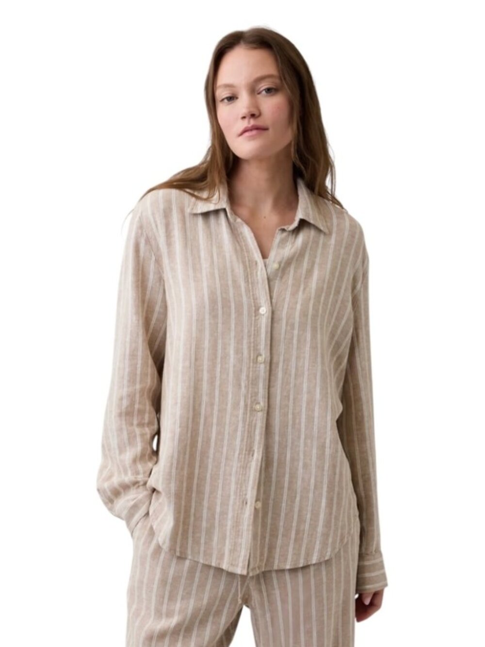 Gap The Easy Shirt Womens Large Tan White Striped Linen Blend Button Down Top